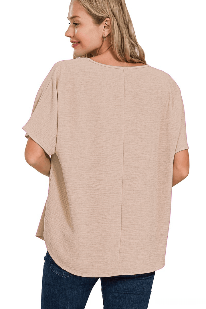 Zenana Woven Airflow Simple V-Neck Short Sleeve Top