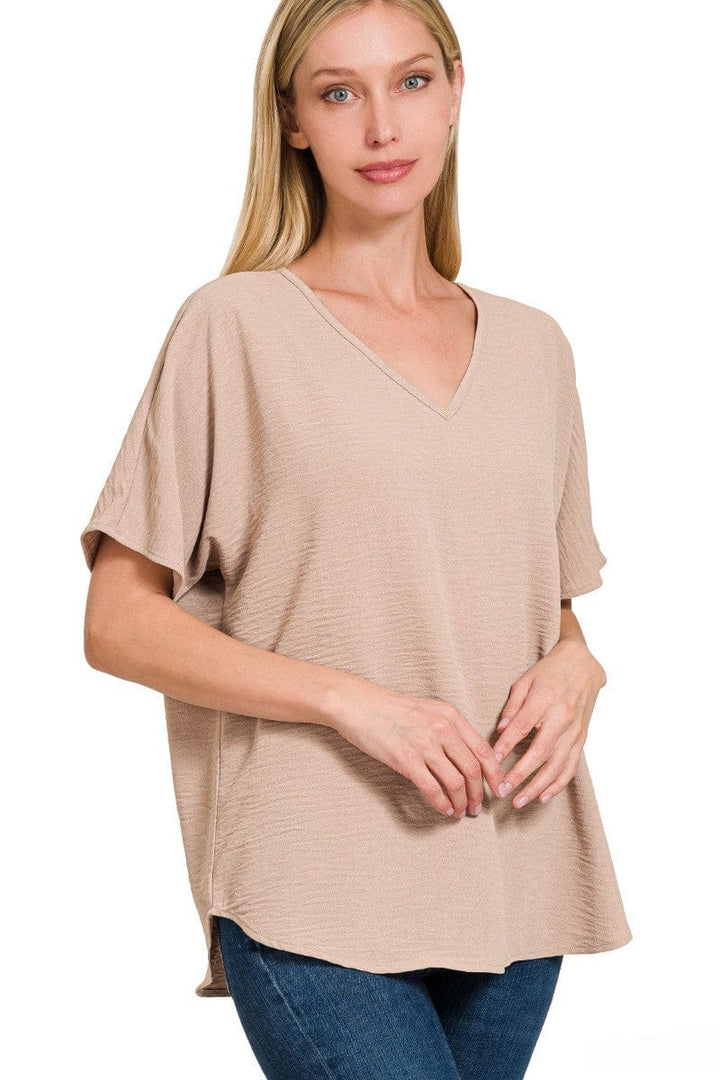 Zenana Woven Airflow Simple V-Neck Short Sleeve Top