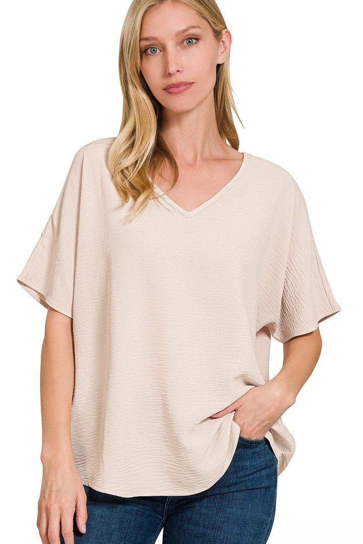 Zenana Woven Airflow Simple V-Neck Short Sleeve Top
