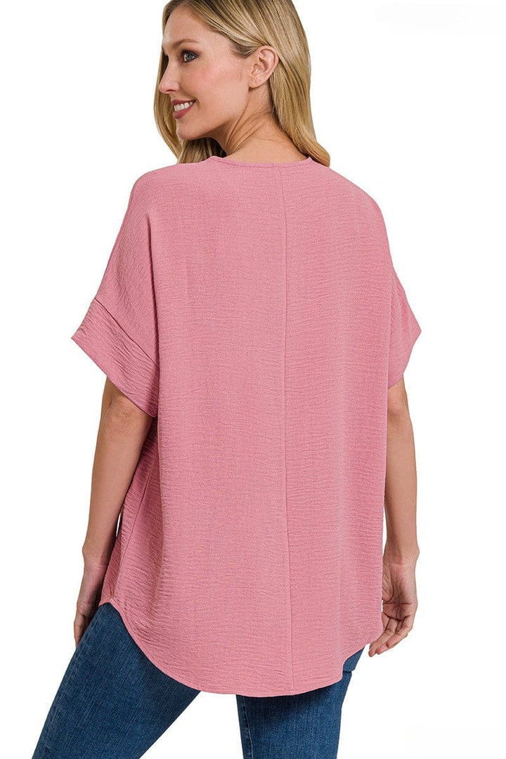 Zenana Woven Airflow Split Neck Short Sleeve Top