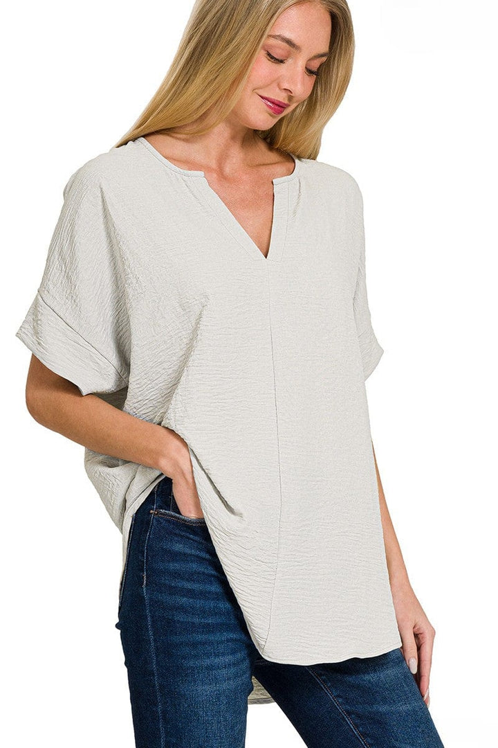 Zenana Woven Airflow Split Neck Short Sleeve Top