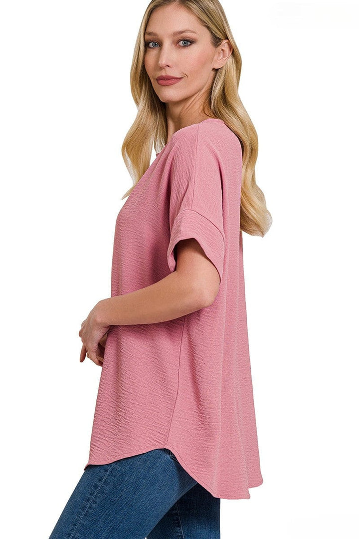 Zenana Woven Airflow Split Neck Short Sleeve Top