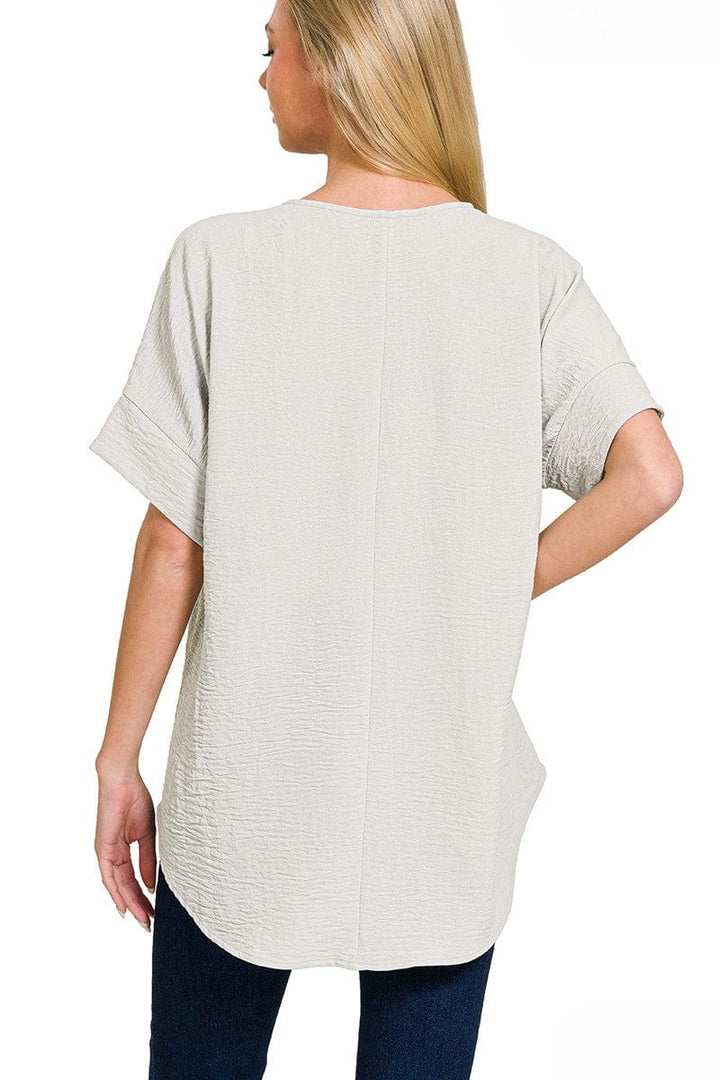 Zenana Woven Airflow Split Neck Short Sleeve Top