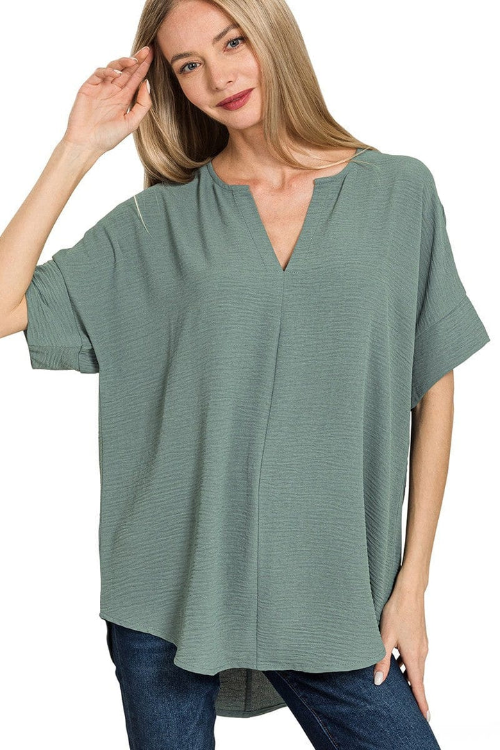Zenana Woven Airflow Split Neck Short Sleeve Top