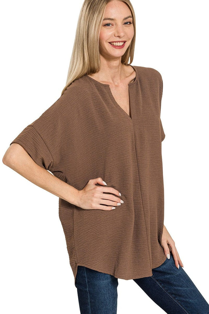 Zenana Woven Airflow Split Neck Short Sleeve Top