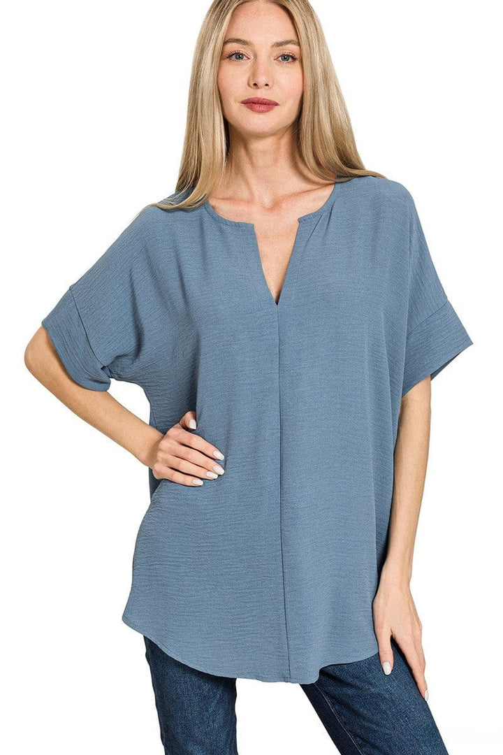 Zenana Woven Airflow Split Neck Short Sleeve Top