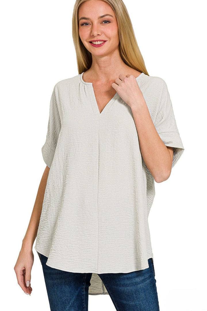 Zenana Woven Airflow Split Neck Short Sleeve Top