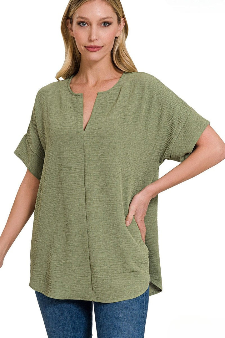 Zenana Woven Airflow Split Neck Short Sleeve Top