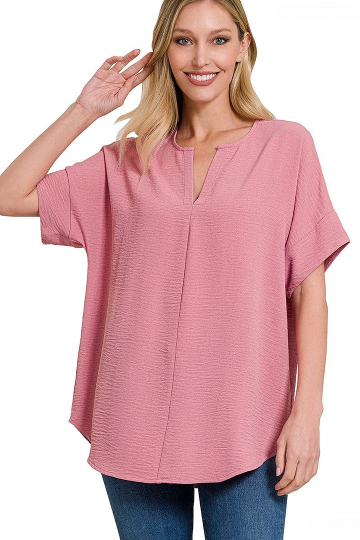 Zenana Woven Airflow Split Neck Short Sleeve Top