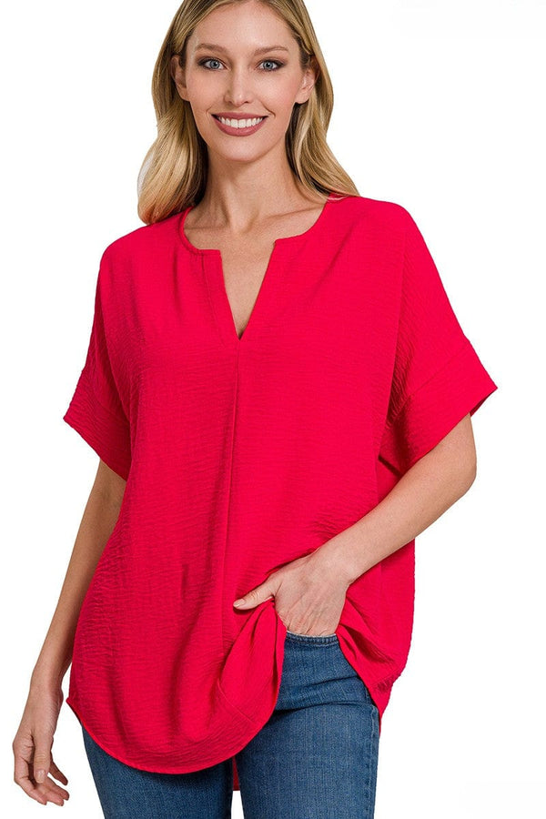 Zenana Woven Airflow Split Neck Short Sleeve Top