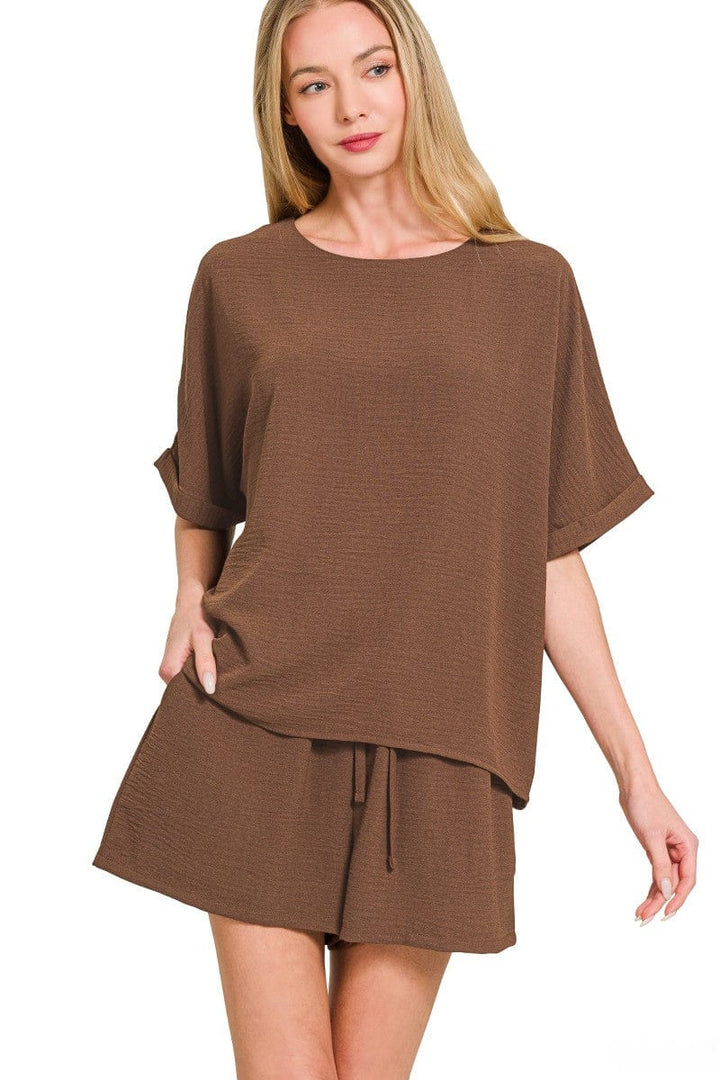 Zenana Woven Airflow Top and Drawstring Waistband Shorts Set