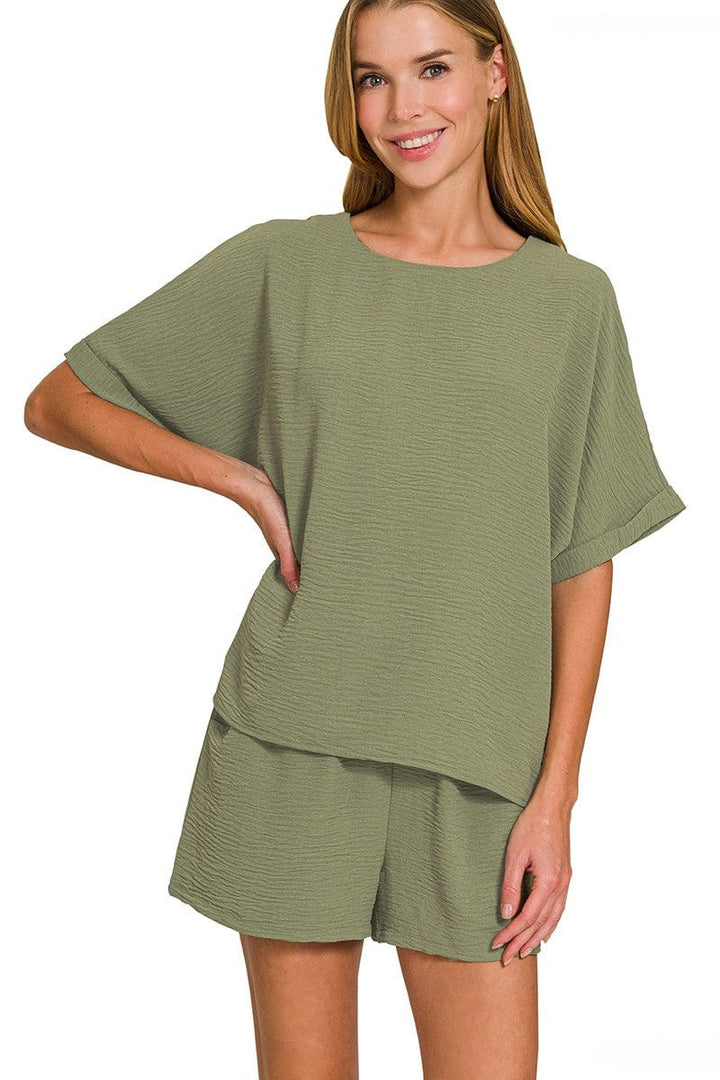 Zenana Woven Airflow Top and Drawstring Waistband Shorts Set