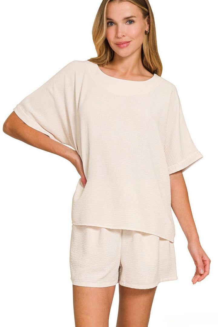 Zenana Woven Airflow Top and Drawstring Waistband Shorts Set