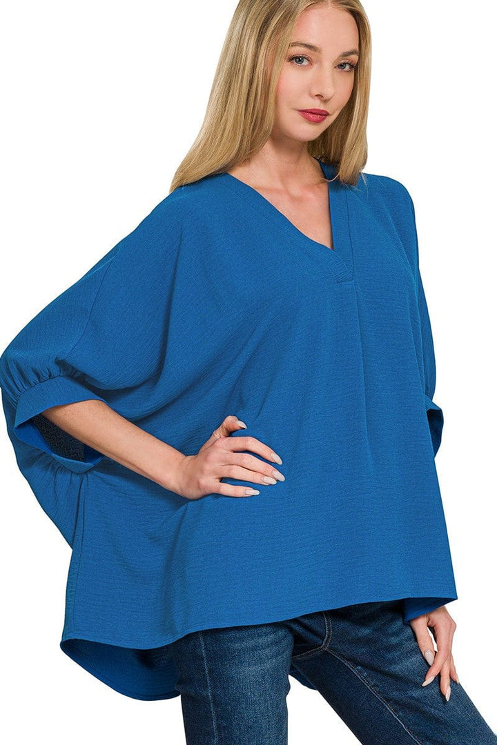 Zenana Woven Airflow V-Neck Band Cuff Half Puff Sleeve Top