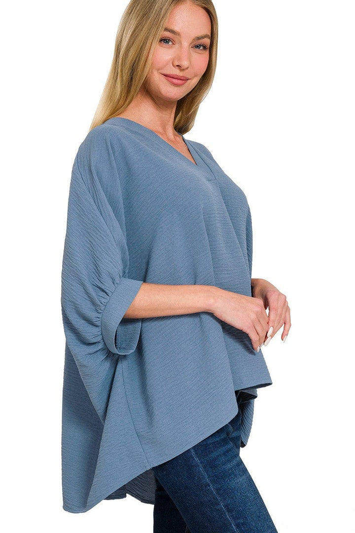 Zenana Woven Airflow V-Neck Band Cuff Half Puff Sleeve Top