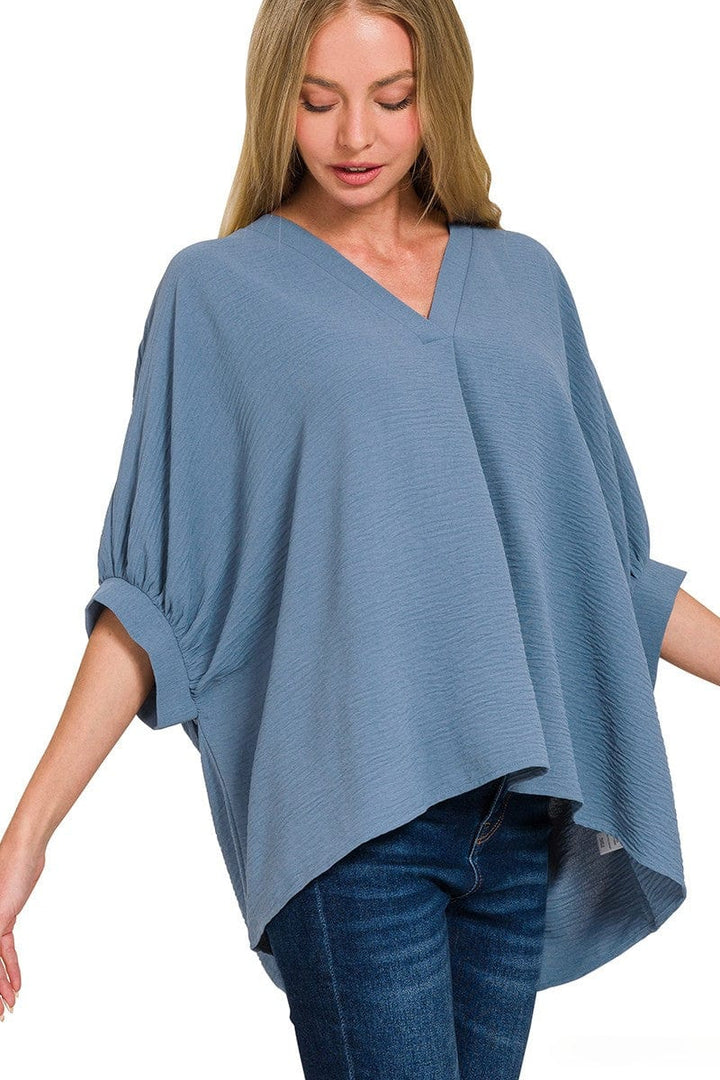Zenana Woven Airflow V-Neck Band Cuff Half Puff Sleeve Top