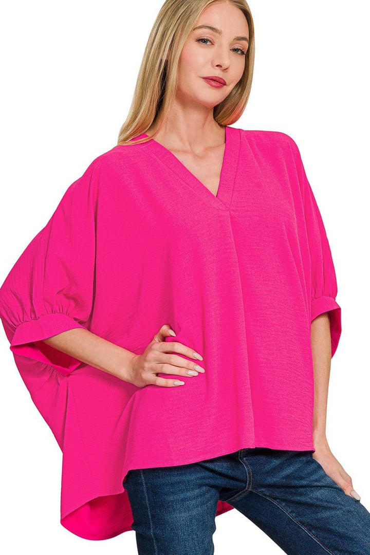 Zenana Woven Airflow V-Neck Band Cuff Half Puff Sleeve Top