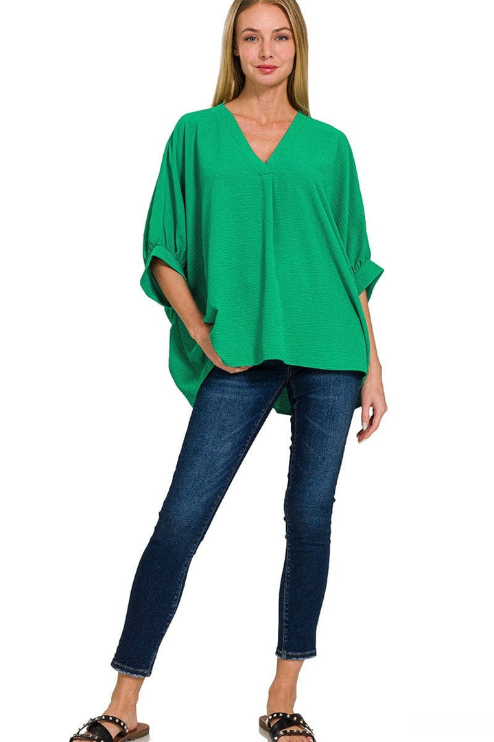 Zenana Woven Airflow V-Neck Band Cuff Half Puff Sleeve Top