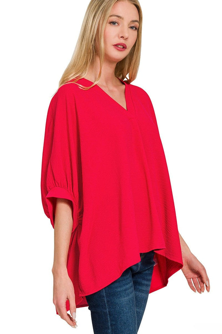 Zenana Woven Airflow V-Neck Band Cuff Half Puff Sleeve Top