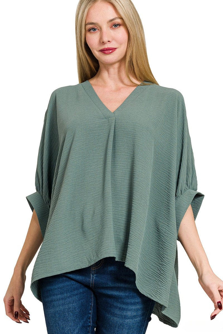Zenana Woven Airflow V-Neck Band Cuff Half Puff Sleeve Top