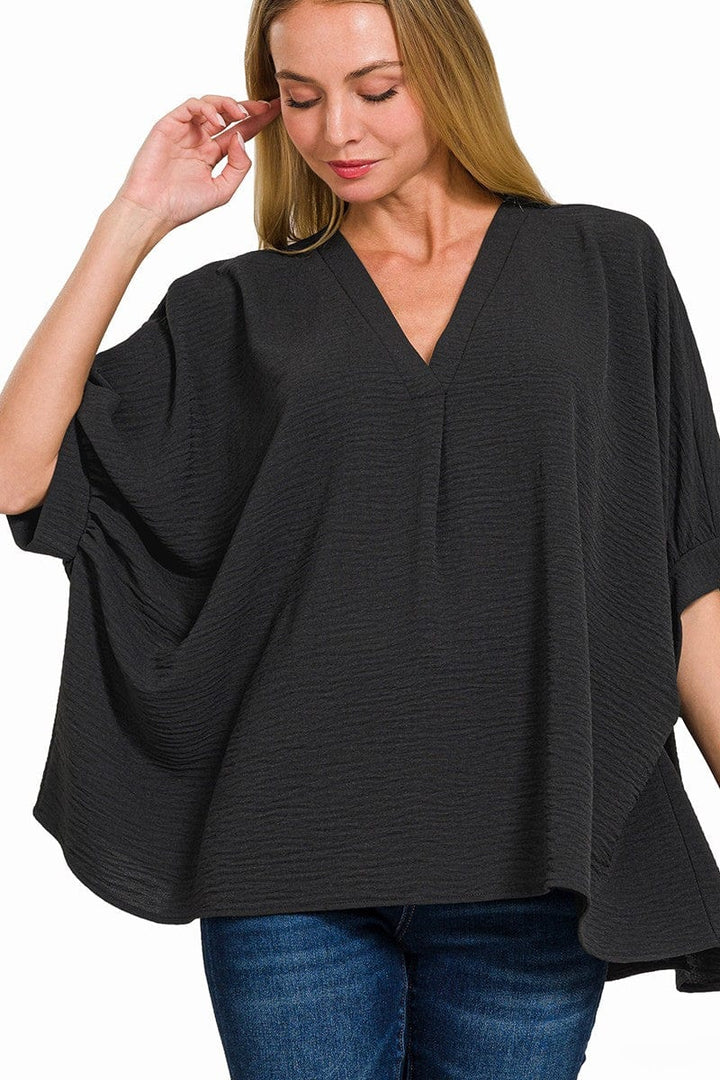 Zenana Woven Airflow V-Neck Band Cuff Half Puff Sleeve Top