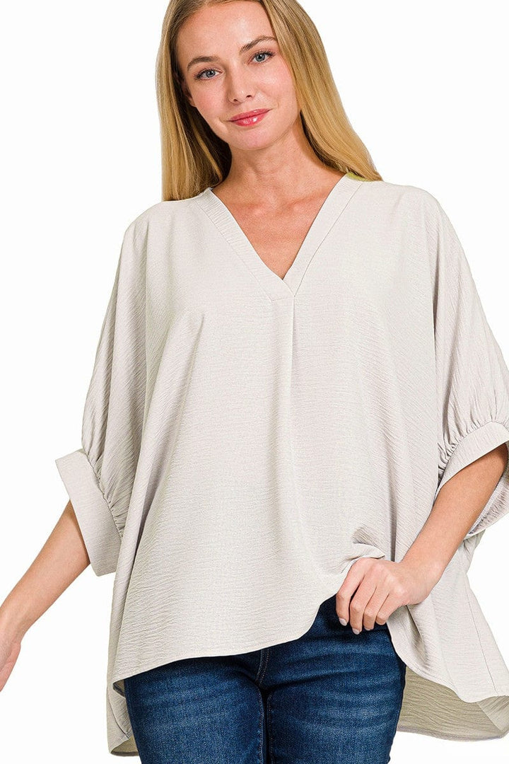 Zenana Woven Airflow V-Neck Band Cuff Half Puff Sleeve Top