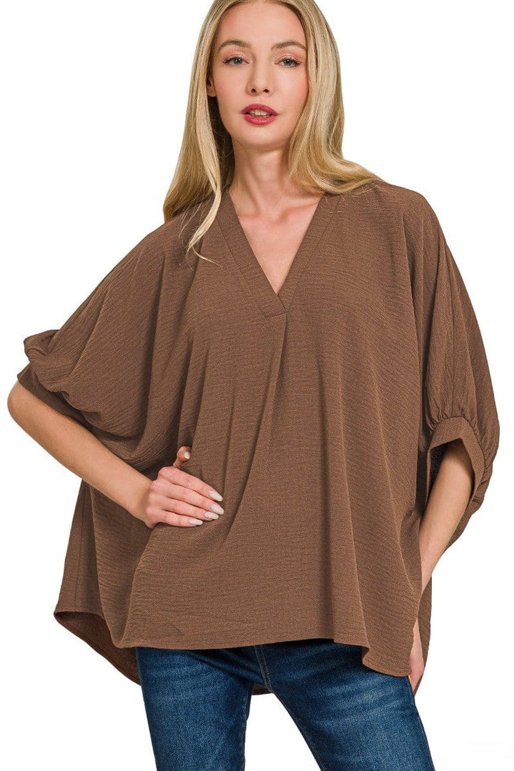 Zenana Woven Airflow V-Neck Band Cuff Half Puff Sleeve Top