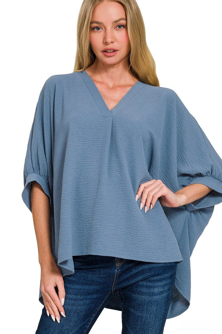 Zenana Woven Airflow V-Neck Band Cuff Half Puff Sleeve Top