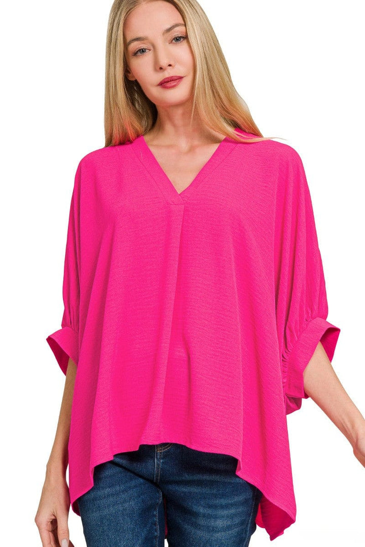 Zenana Woven Airflow V-Neck Band Cuff Half Puff Sleeve Top