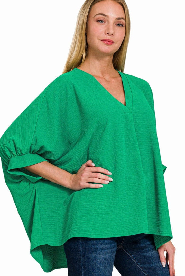 Zenana Woven Airflow V-Neck Band Cuff Half Puff Sleeve Top