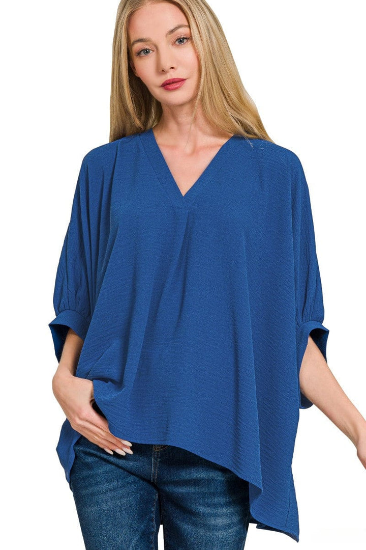 Zenana Woven Airflow V-Neck Band Cuff Half Puff Sleeve Top