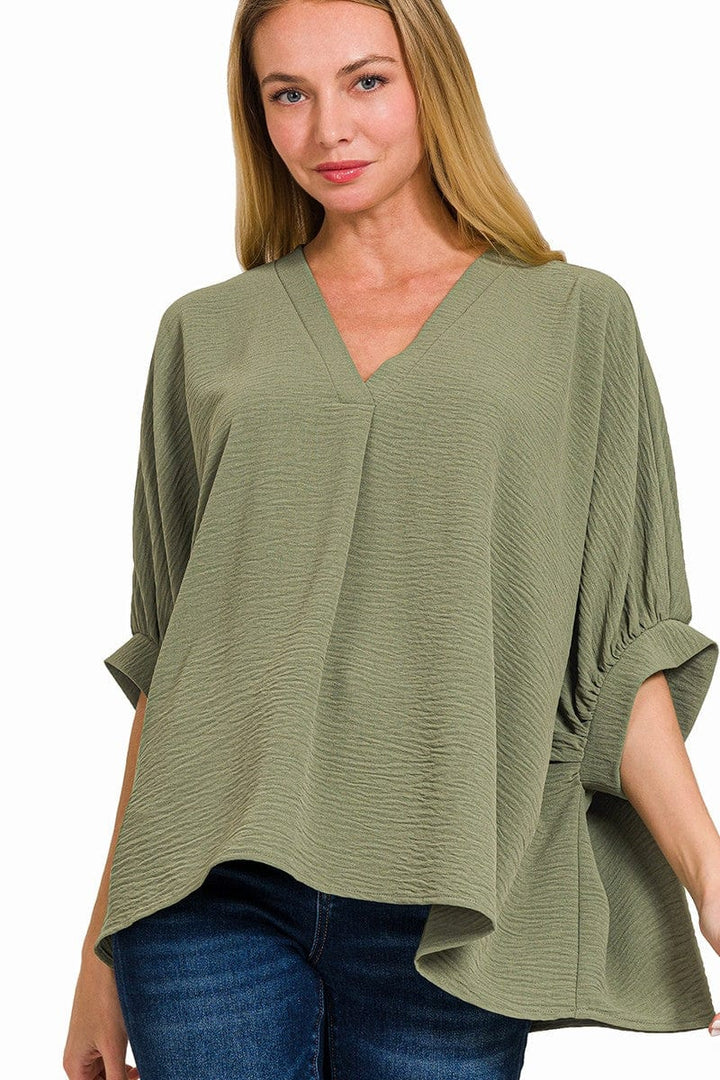 Zenana Woven Airflow V-Neck Band Cuff Half Puff Sleeve Top