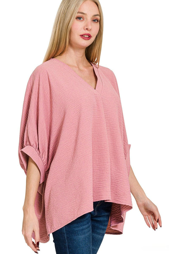 Zenana Woven Airflow V-Neck Band Cuff Half Puff Sleeve Top