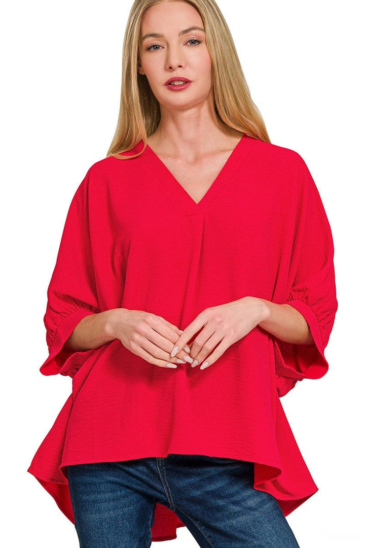 Zenana Woven Airflow V-Neck Band Cuff Half Puff Sleeve Top