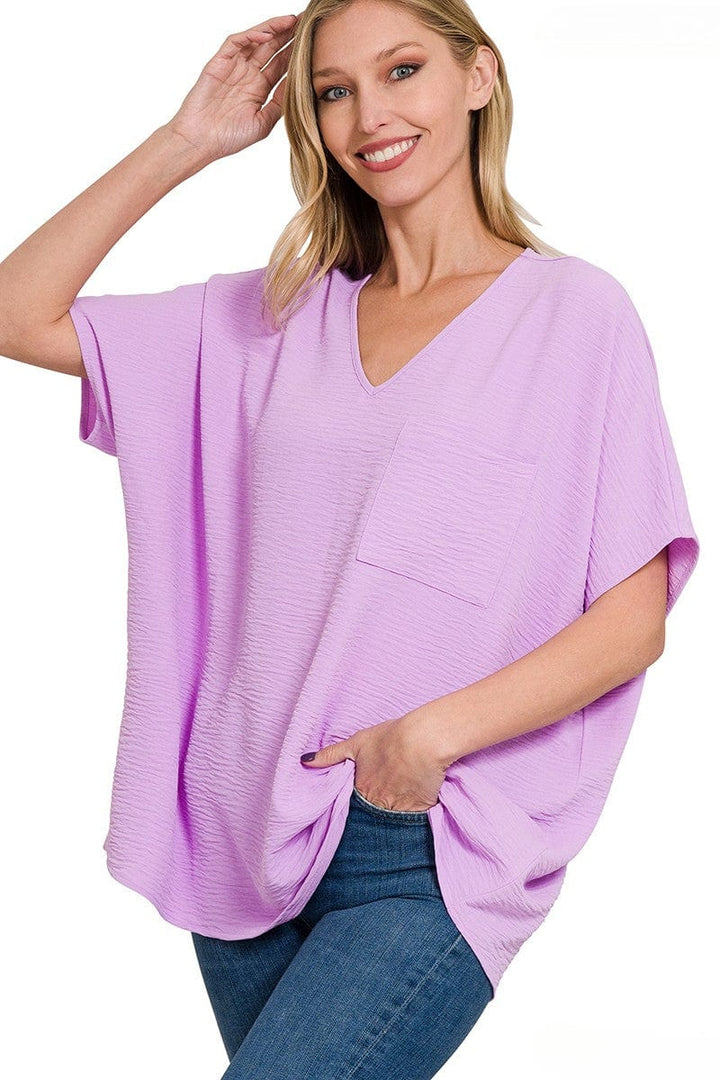 Zenana Woven Airflow V-Neck Dolman Short Sleeve Pocket Top