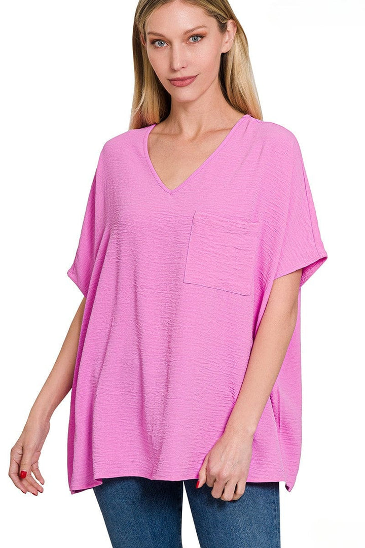 Zenana Woven Airflow V-Neck Dolman Short Sleeve Pocket Top