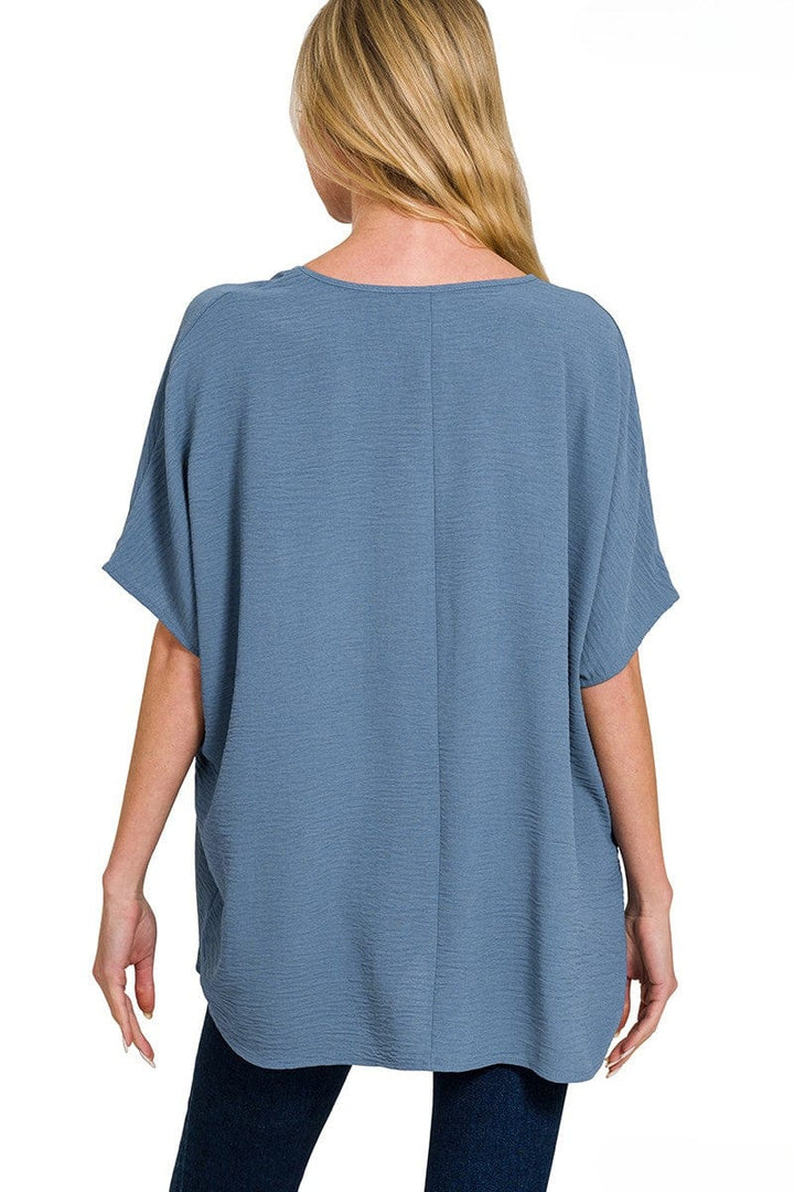 Zenana Woven Airflow V-Neck Dolman Short Sleeve Pocket Top