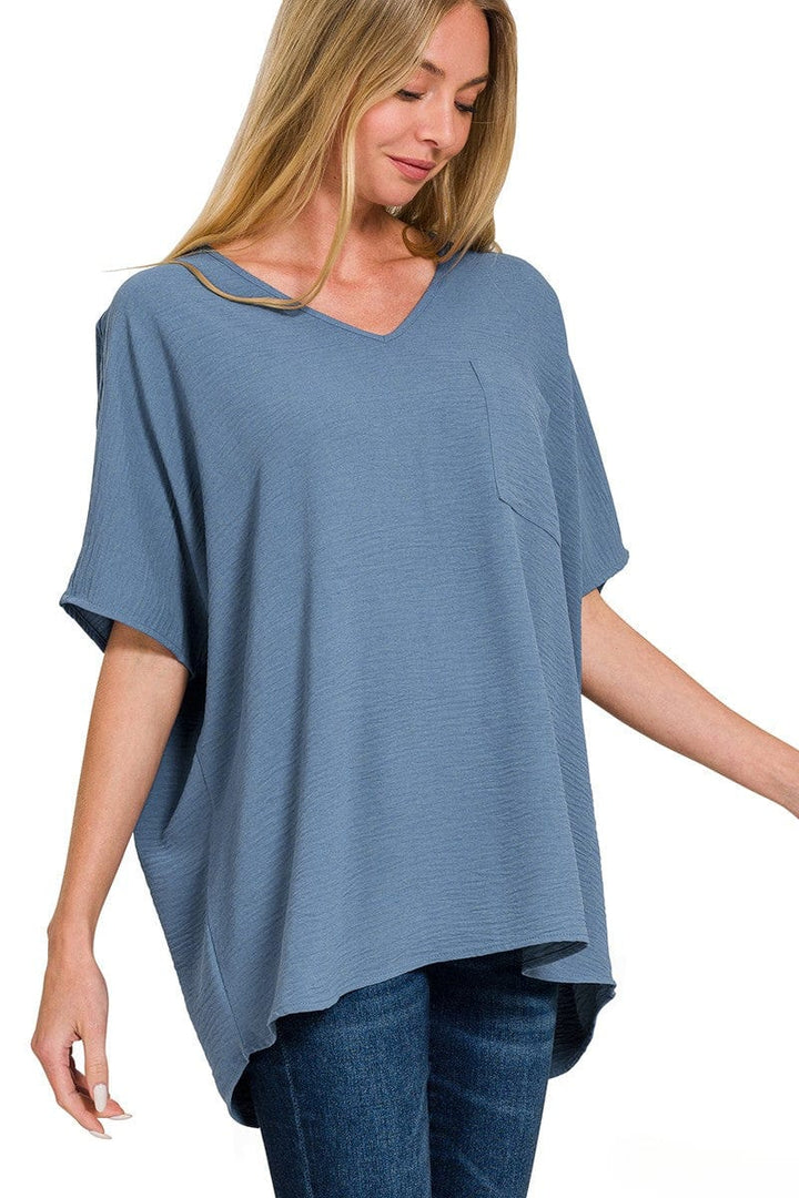 Zenana Woven Airflow V-Neck Dolman Short Sleeve Pocket Top