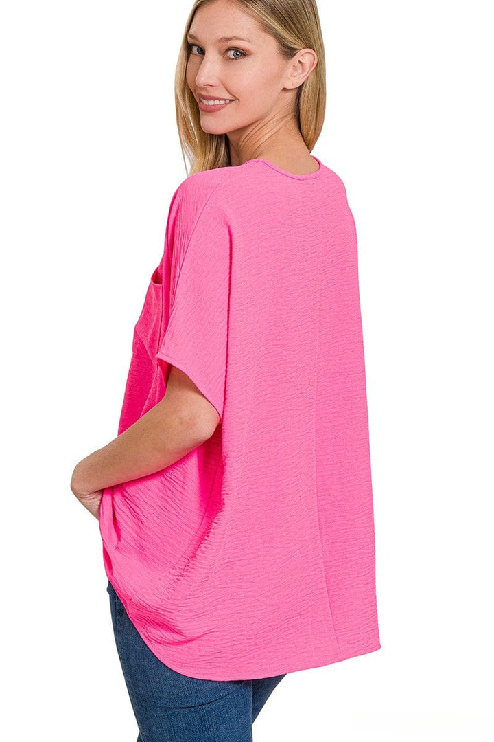 Zenana Woven Airflow V-Neck Dolman Short Sleeve Pocket Top