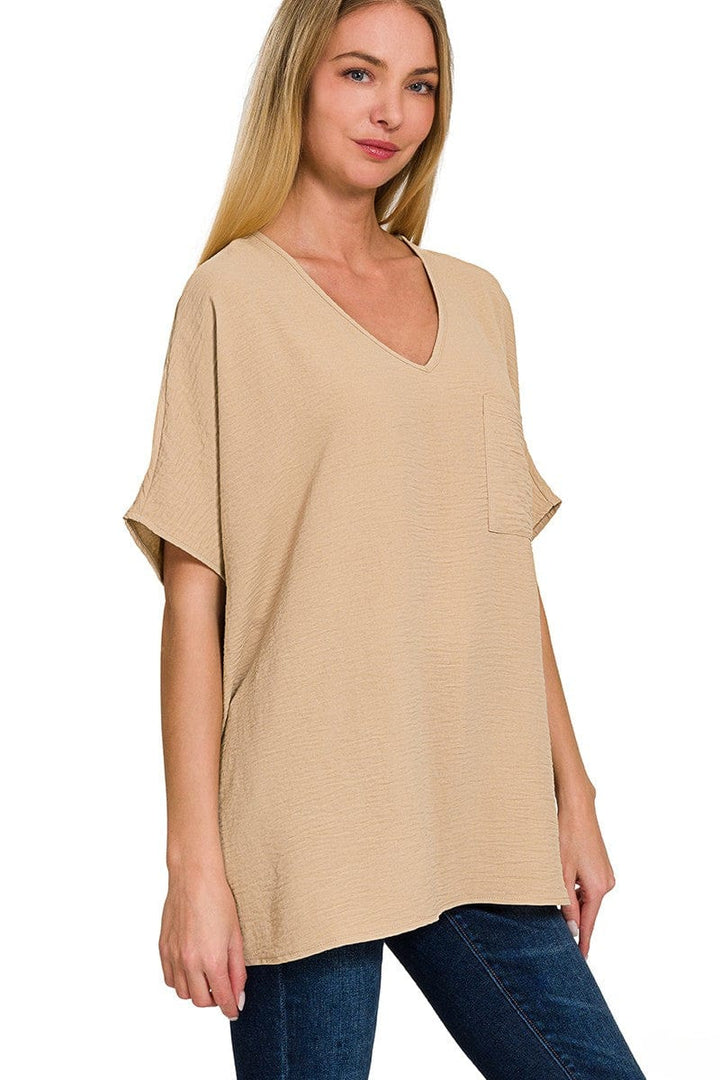 Zenana Woven Airflow V-Neck Dolman Short Sleeve Pocket Top