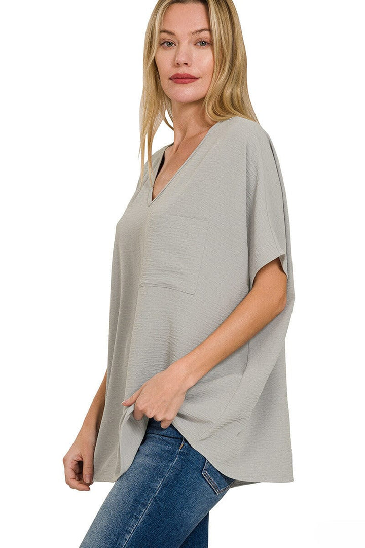 Zenana Woven Airflow V-Neck Dolman Short Sleeve Pocket Top