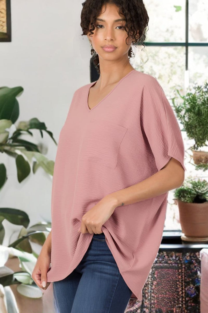 Zenana Woven Airflow V-Neck Dolman Short Sleeve Pocket Top