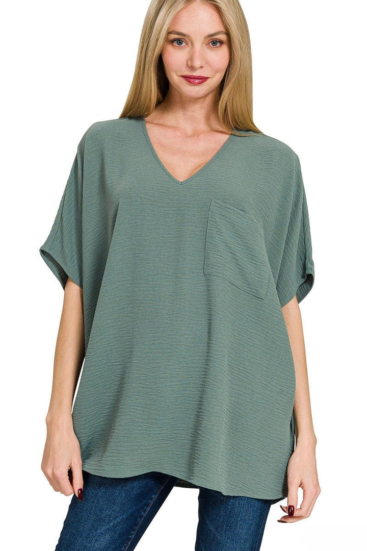 Zenana Woven Airflow V-Neck Dolman Short Sleeve Pocket Top