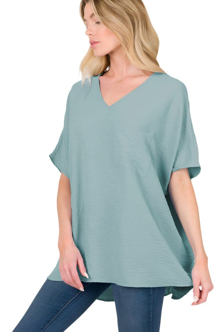 Zenana Woven Airflow V-Neck Dolman Short Sleeve Pocket Top