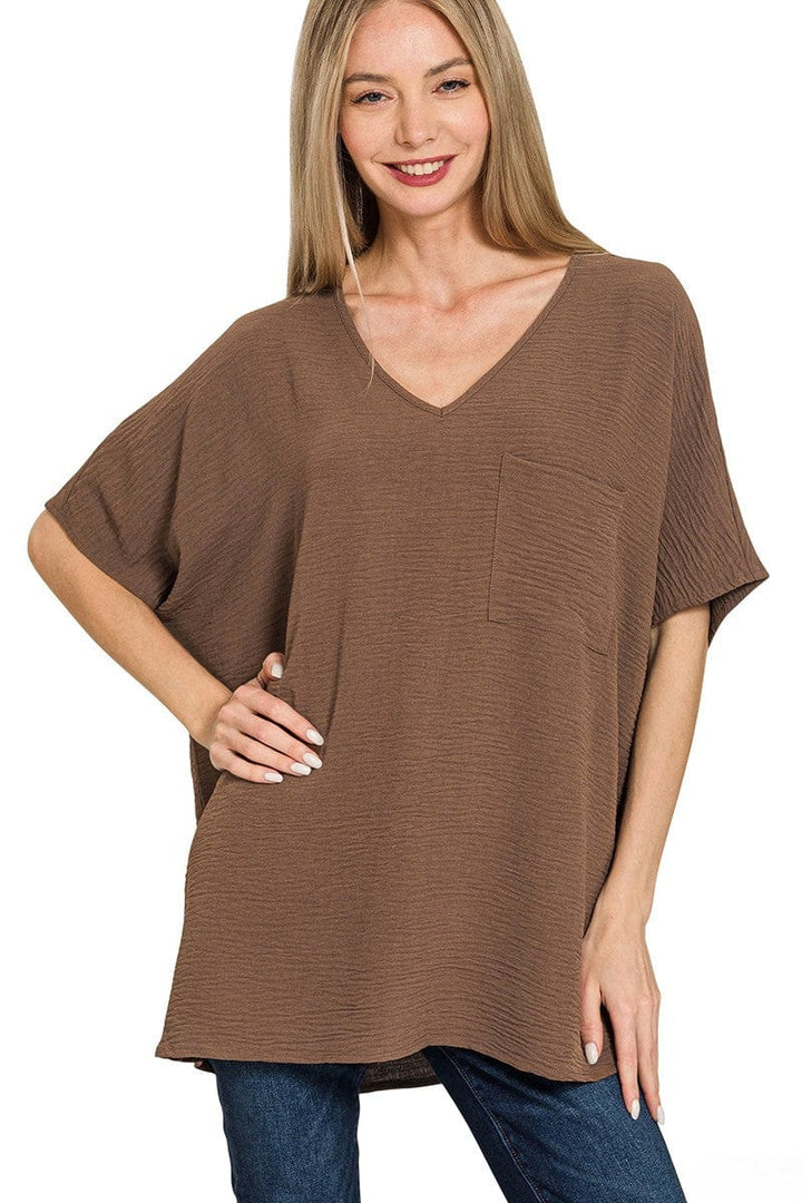 Zenana Woven Airflow V-Neck Dolman Short Sleeve Pocket Top