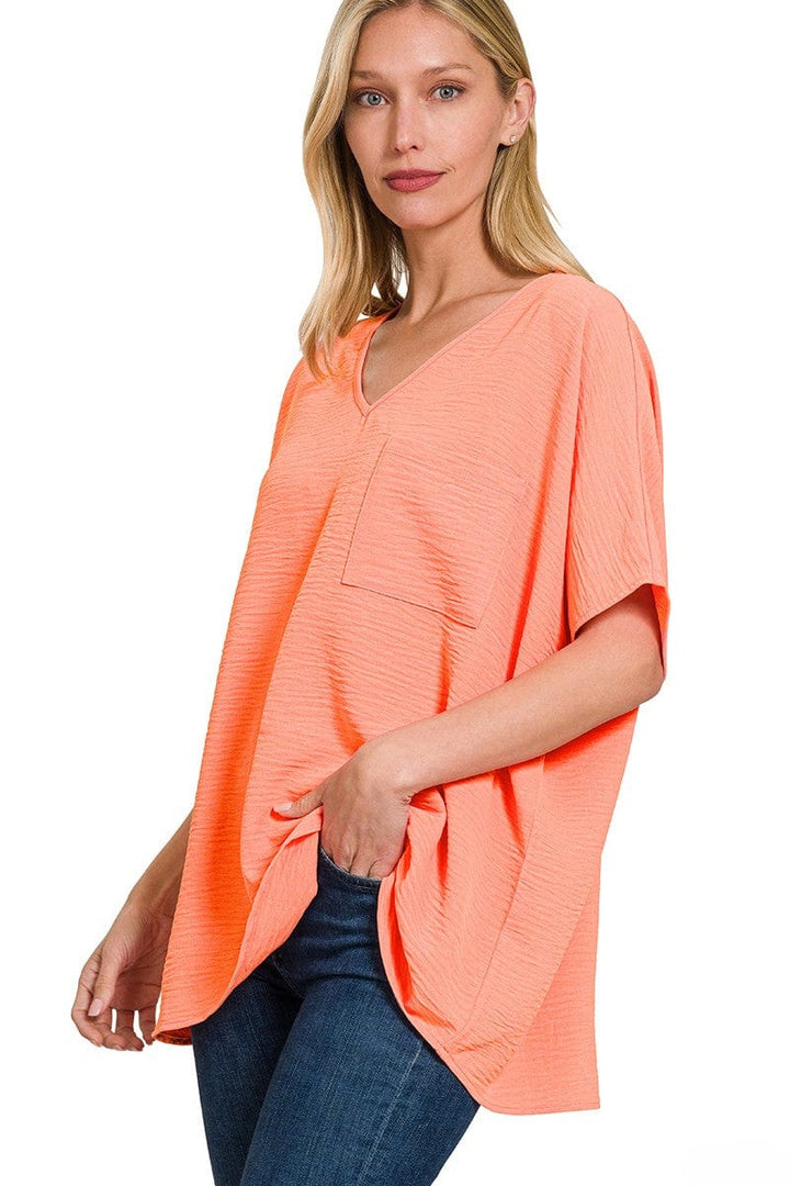 Zenana Woven Airflow V-Neck Dolman Short Sleeve Pocket Top