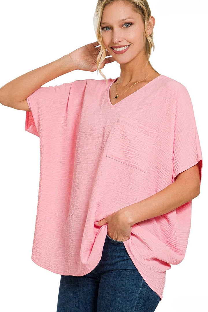 Zenana Woven Airflow V-Neck Dolman Short Sleeve Pocket Top