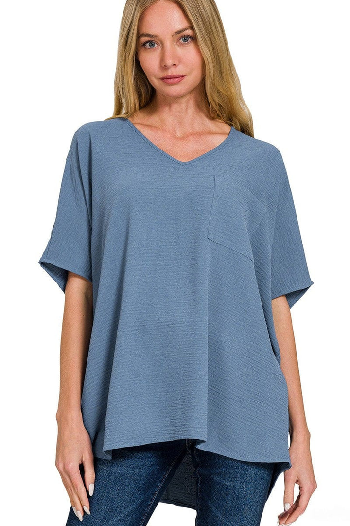 Zenana Woven Airflow V-Neck Dolman Short Sleeve Pocket Top