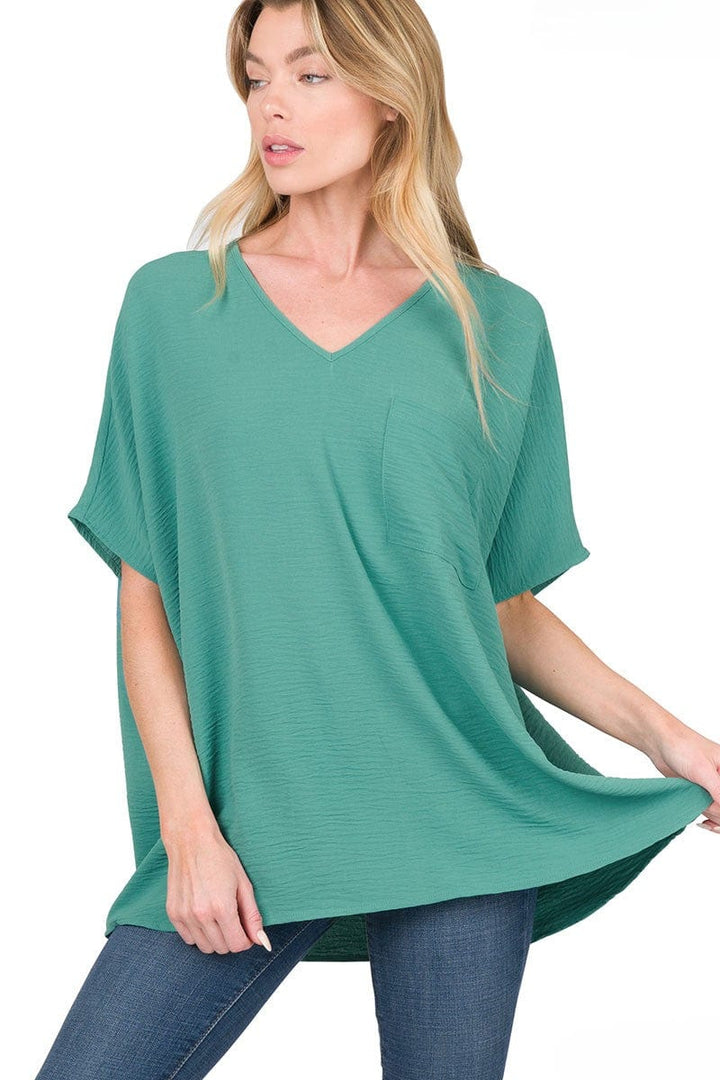 Zenana Woven Airflow V-Neck Dolman Short Sleeve Pocket Top