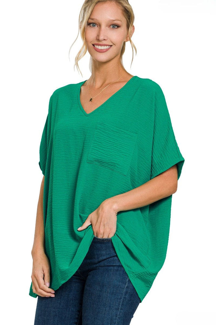 Zenana Woven Airflow V-Neck Dolman Short Sleeve Pocket Top